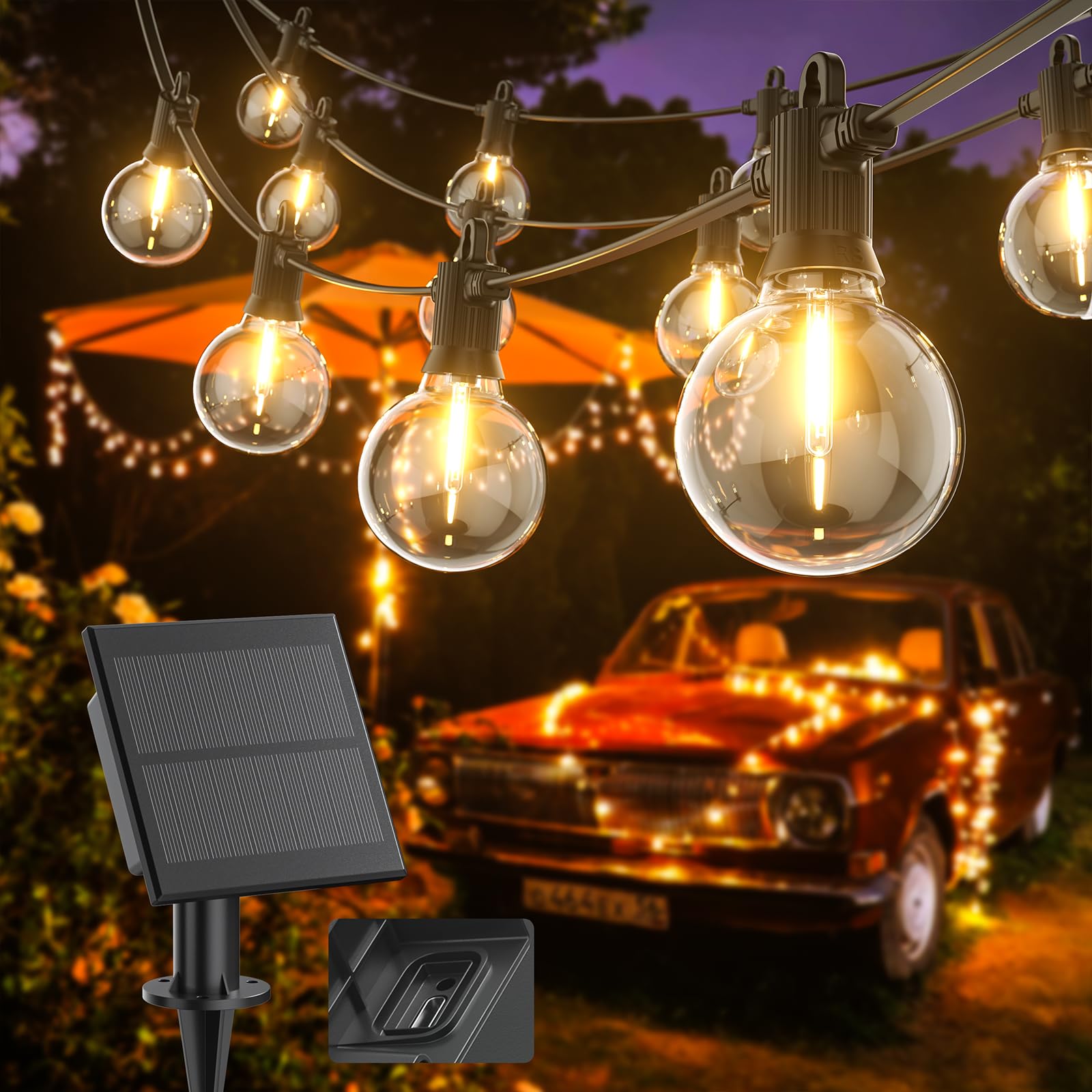 Kawaya Solar Lichterkette Außen 10M LED Lichterkette Aussen Solar Wiederaufladbar 5 Lichtmodi IP65 Wasserdicht mit G40 15+1 Glühbirnen Warmweiß Outdoor Balkon Lichterkette für Garten Terrasse