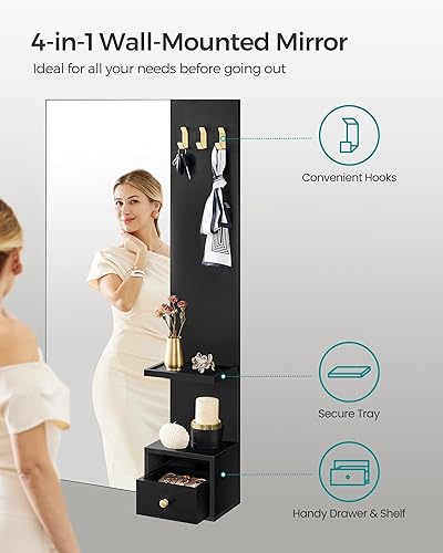 Miniatura 4 de SONGMICS Espejo de pared, espejo de longitud completa con almacenamiento, espejo colgante, 42.5 x 23.6 x 6.9 pulgadas, 3 ganchos, fácil de montar,