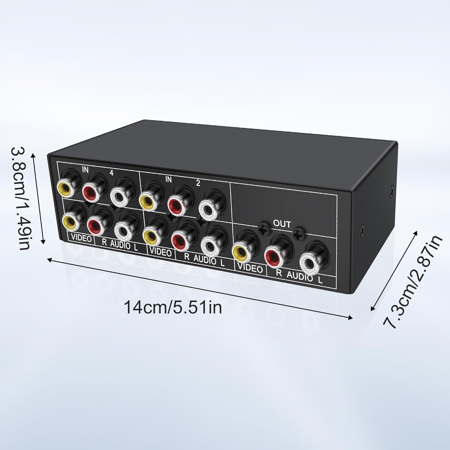 Жогорудан төмөн view of the XMSJSIY AV RCA Switch with dimensions labeled: 14cm (5.51in) length, 7.3cm (2.87in) width, and 3.8cm (1.49in) height.