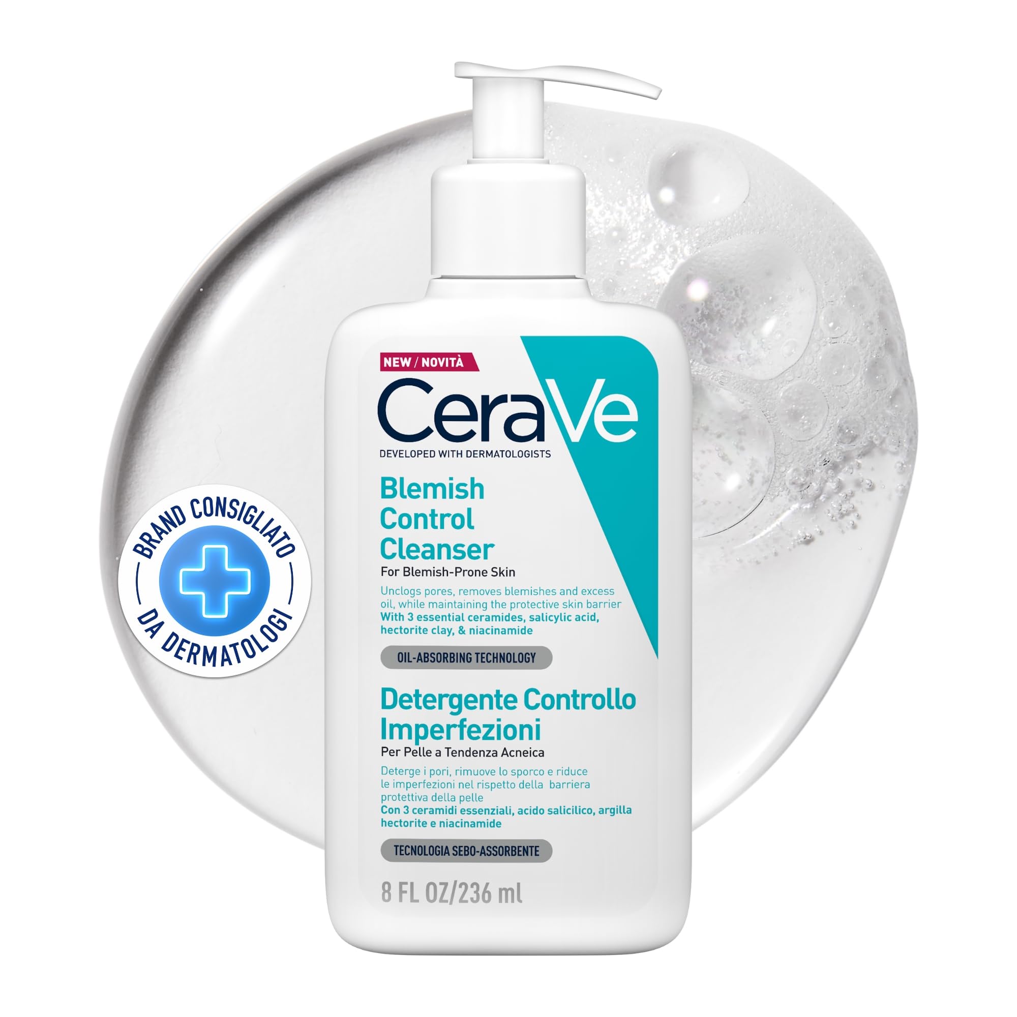 CeraVe Detergente Controllo Imperfezioni, Per Pelle Grassa con Tendenza Acneica, Azione Purificante, Imperfezioni Ridotte, Con Acido Salicilico e Argilla Purificante e Routine Correlate al Prodotto