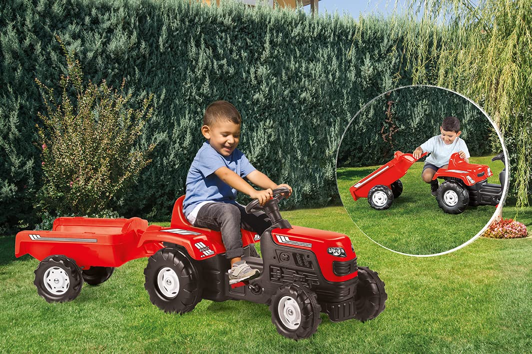 Dolu Ranchero Trattore cavalcabile per bambini con rimorchio, trattore a pedali con rimorchio per bambini dai 3 anni in su, giocattolo ideale per interni ed esterni - rosso