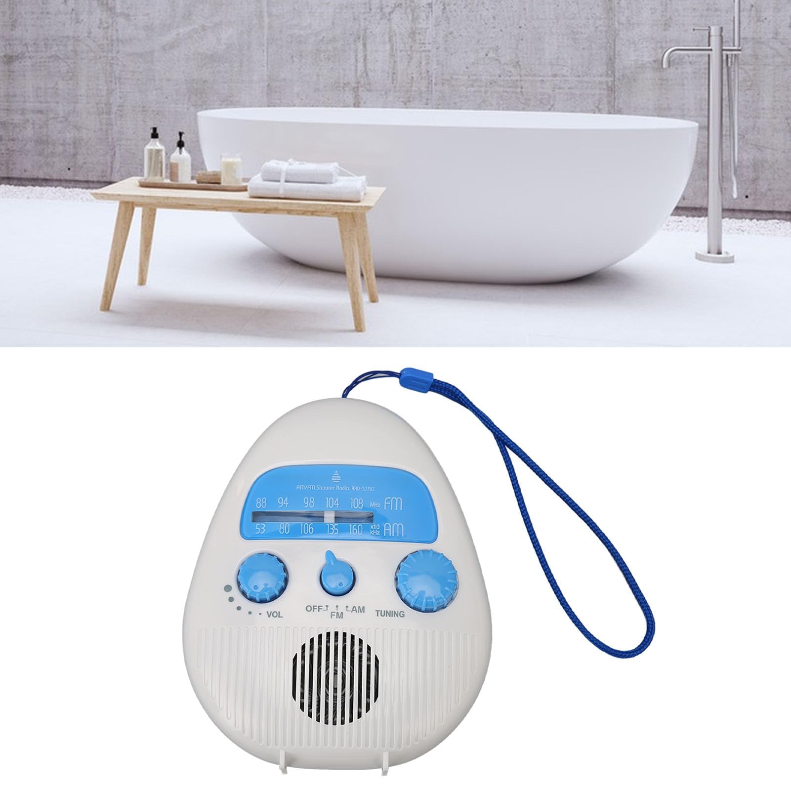 Dpofirs Radio de Douche Portable AM/FM, Radio de Douche Suspendue Étanche, Volume Réglable, Radios de Douche à Piles pour Salle de Bain, Cuisine, Extérieur