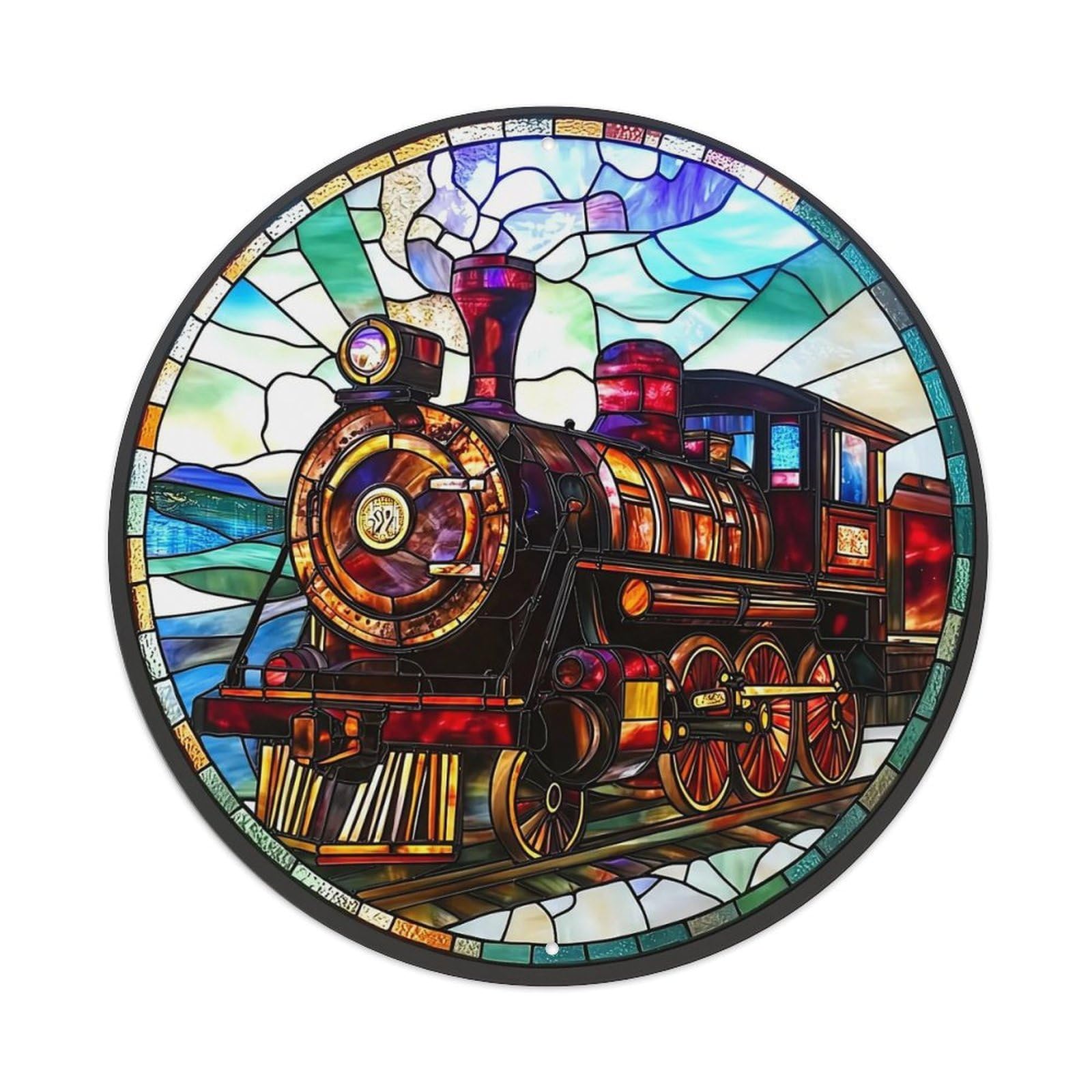 Stained Glass Train Landscape Art Retro Metal Sign Round Tin Sign, Vintage Decor Art Poster for Bar, Home, Man Cave, Kitchen, Laundry Room Gift 8x8Inch