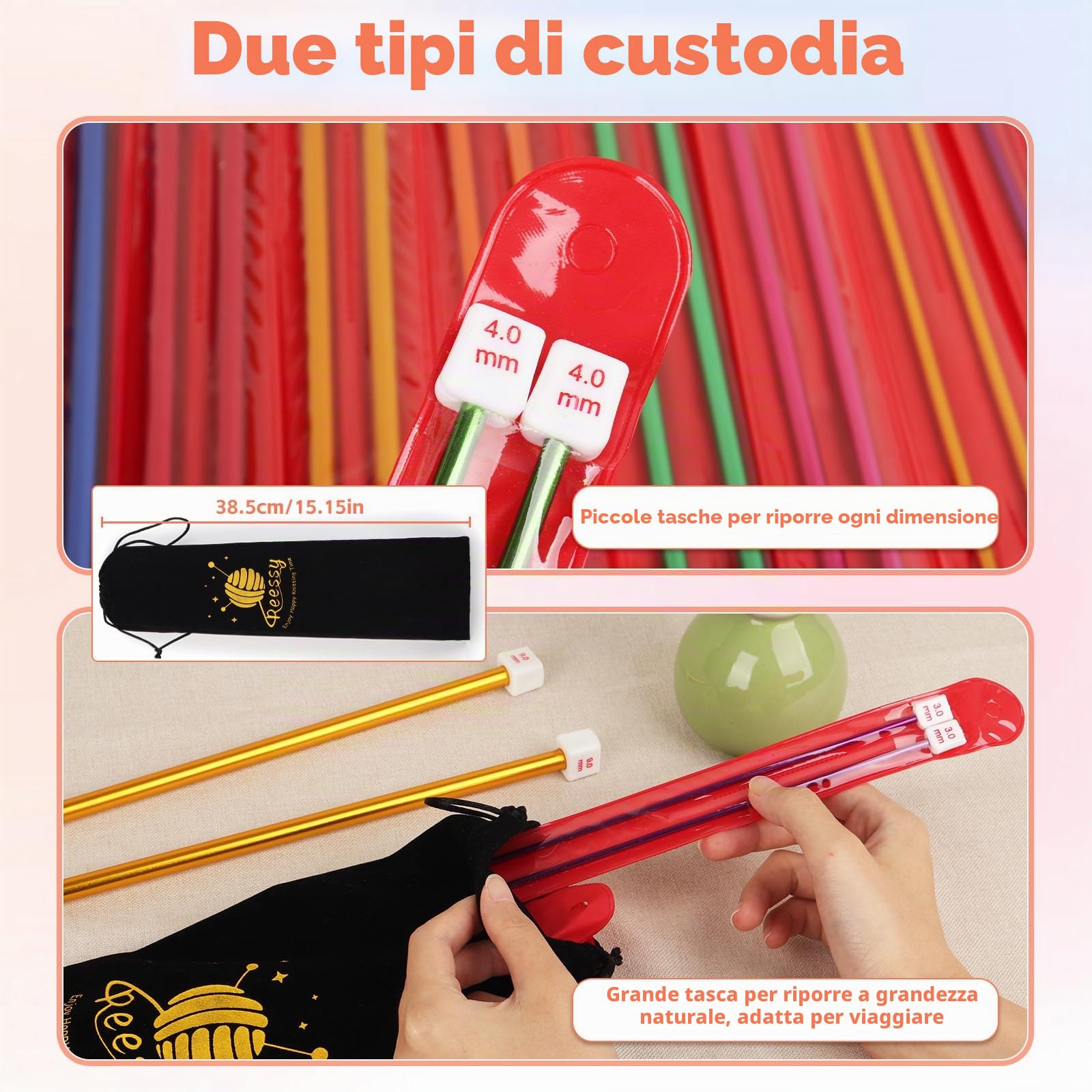 Reessy, Set di Ferri da Maglia Colorati - Lunghezza 35 cm, 28 Pezzi / 14 Coppie, Ferri da Maglia Singoli in Alluminio da 2 mm a 10 mm, Ferri da Maglia Lunghi, Dritti in Metallo con Morbida Valigetta