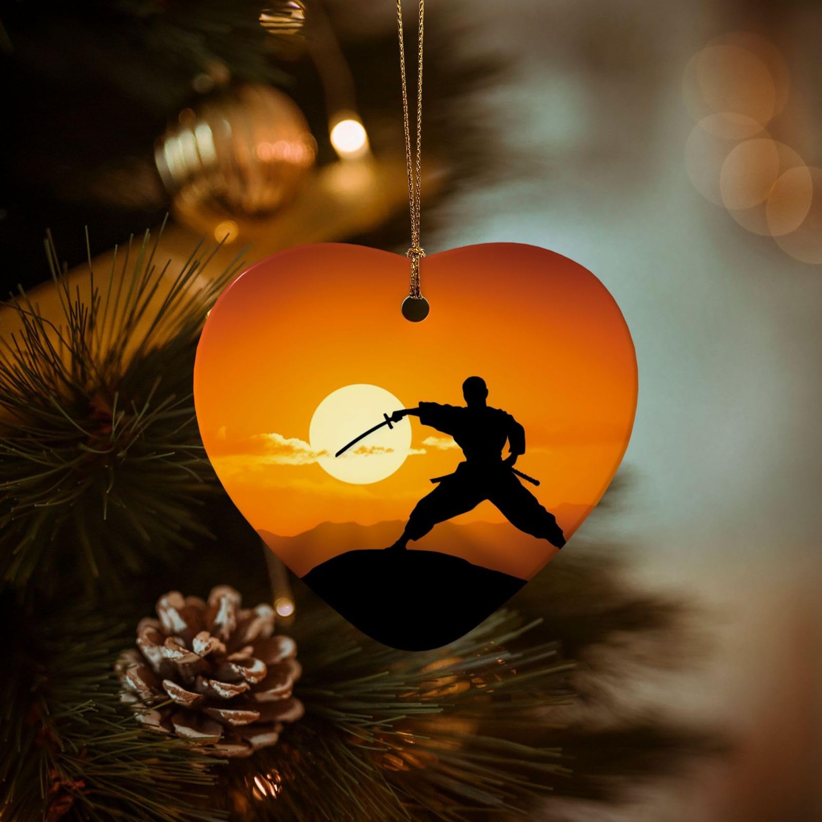 Christmas Ornaments for Christmas Tree Decoration Hanging Sun Karate Silhouette Ornament with Gold Ribbon Crafts Heart Shape Ceramic Pendant for Keepsake Gifts Xmas Decor Party Supplies