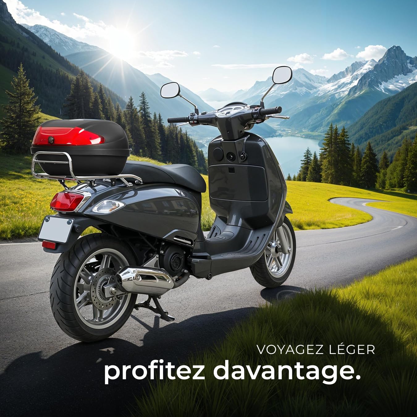 tectake® Top Case Universel XXL pour Moto Scooter Quad Buggy Mobylette avec Kit de Fixation et 2 Clés de sécurité, Réflecteur extralarge, 48L, Casque Moto ou Casque Scooter, Coffre Quad