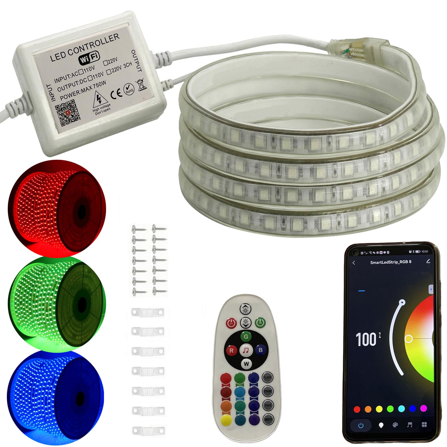 Tira LED RGB 30m controladas por WIFI, Tira de luces dimmable con telemando IR & alimentación 220V, 5050 SMD 60 LEDs/m, impermeable IP65, compatible con APP Tuya