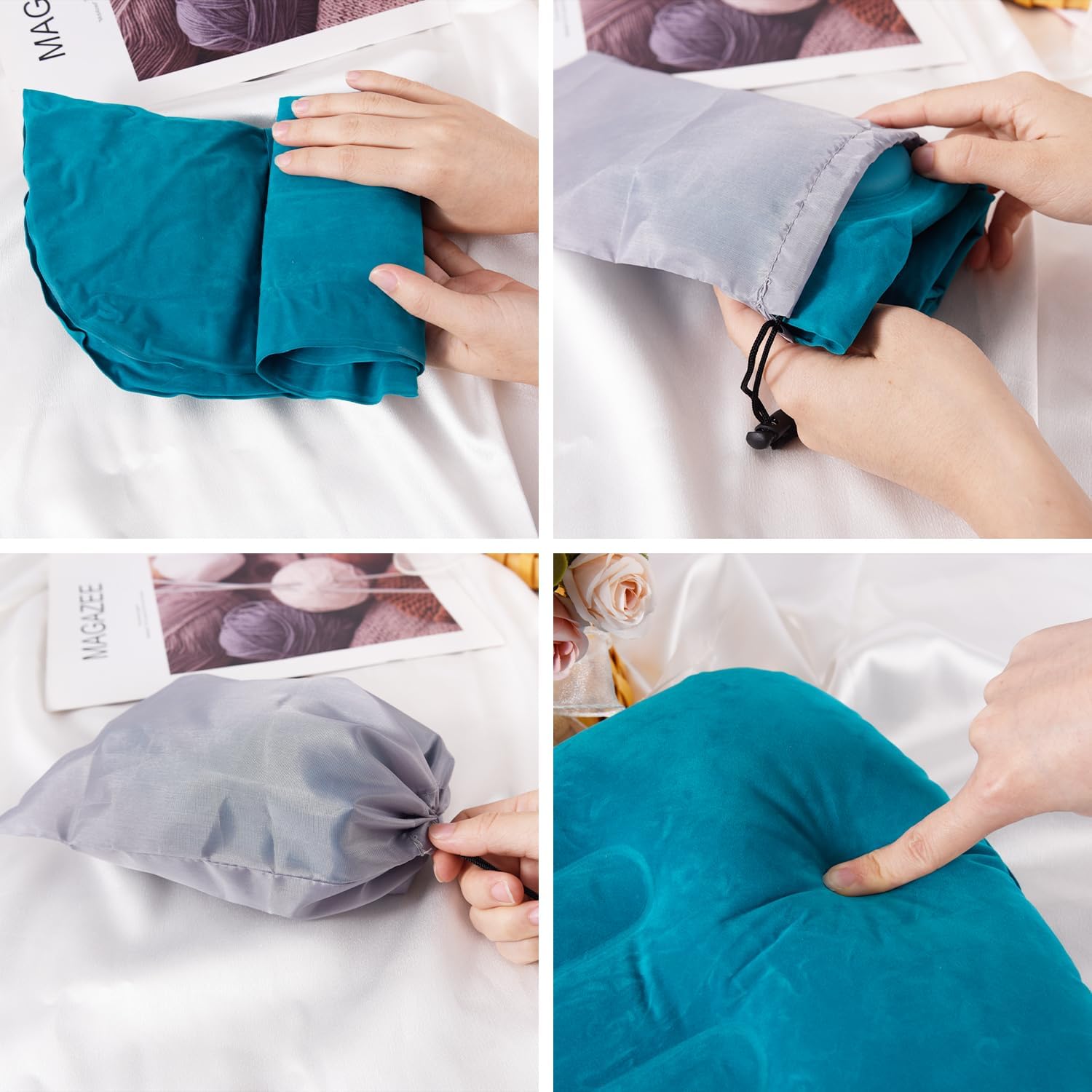 Cojín inflable de camping, almohada de viaje inflable para el cuello, almohada de playa ultraligera con bolsillos de almacenamiento, máscaras para dormir y tapones para los oídos, cojines inflables