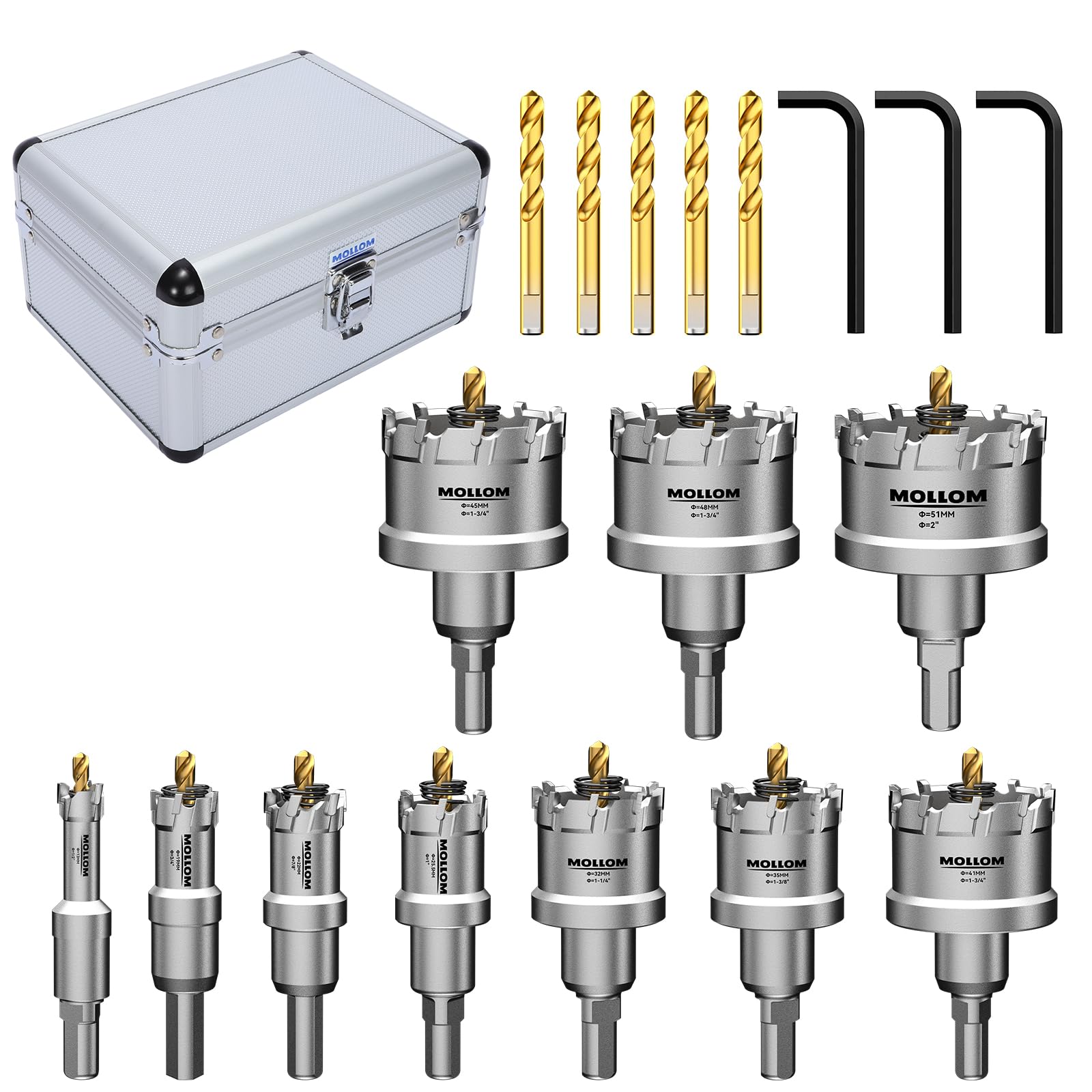 Mollom TCT Carbide Hole Saw Kit for Hard Metal 18Pcs in Total(13-51mm), 10Pcs Hole Cutters with 5Pcs Extra Pilot Drill bits and 3Pcs Hex Keys for Stainless Steel, Iron,Aluminum,Alloy,Metal. — image 1