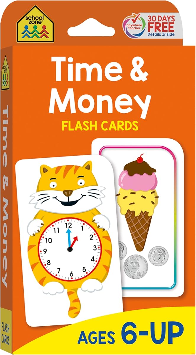 Tarjetas flash de tiempo y dinero de la zona escolar: 56 tarjetas, 1er grado, 2do grado, hora de contar, relojes de lectura, monedas de conteo, valor de moneda, combinaciones de monedas, mayores de 6 años