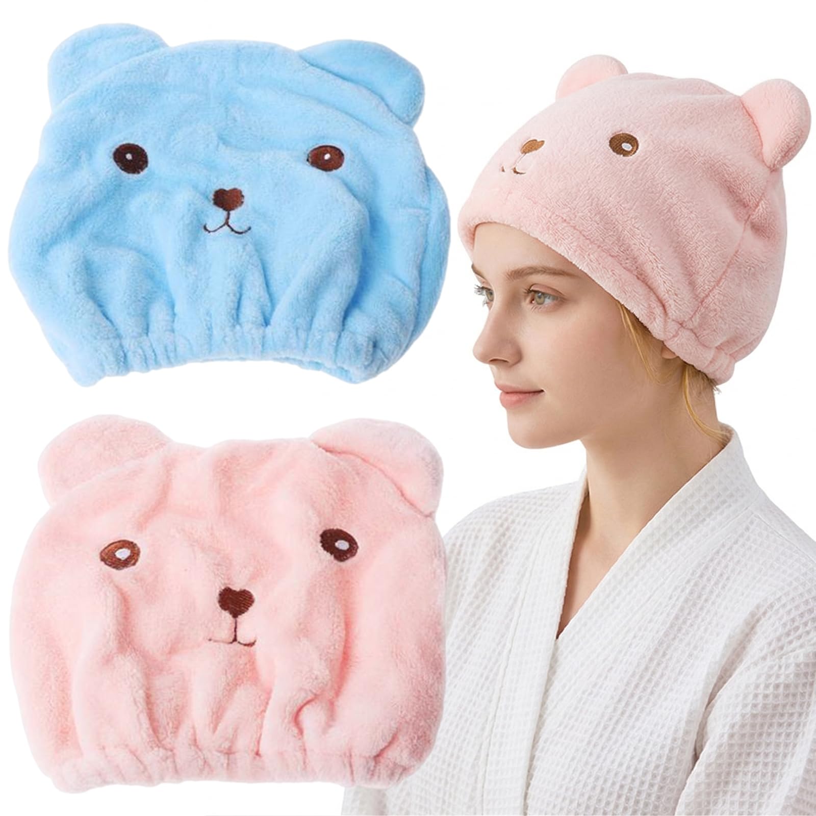 Set di 2 Turbanti in Microfibra per Capelli, Asciugamani a Cuffia Orsetto a Asciugatura Rapida, Cuffia Absorbente e Morbida per Donna e Bambini, Accessorio Bagno (Rosa e Nero)