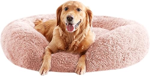 Miniatura 7 de Camas calmantes para perros grandes, cama para perros de piel sintética, almohada redonda y esponjosa, cama lavable para mascotas de hasta 80