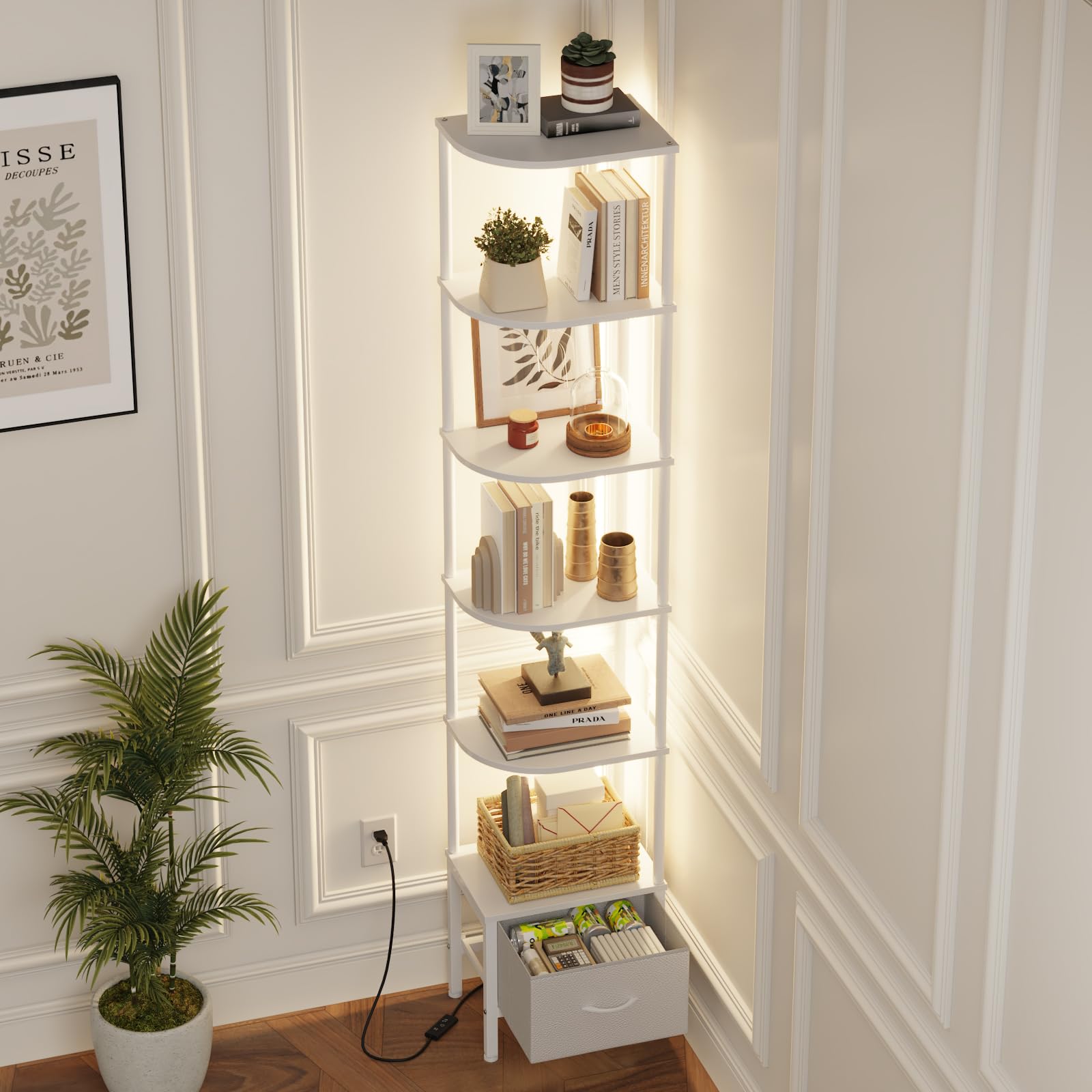 Librería de Esquina con Cajón y Luz LED, Estantería Alta de 6 Baldas (191 cm), Estrecha para Salón o Dormitorio, Cajón de Tela, Blanco