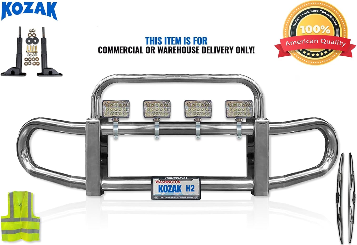 Front Grille Brush Bumper Guard HERD 200 w/Brackets Compatible with Freightliner Cascadia, Evolution 2008-2019, 4x6'' 60 LED lights, 2x22'' Wipers, Logo and Vest included