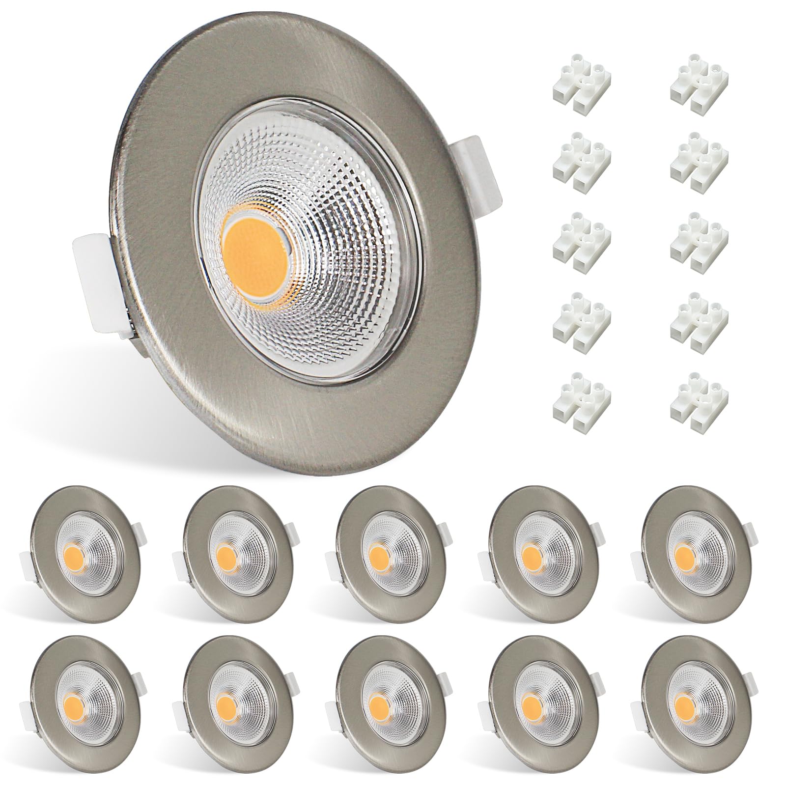 Allesgute 10X LED Downlights Ceiling 7W COB Ultra Slim LED Spot Lights Warm White 600lm Round Brushed Chrome Recessed Ceiling Lights for Bedroom Living Room Cutout diameter 65-88mm