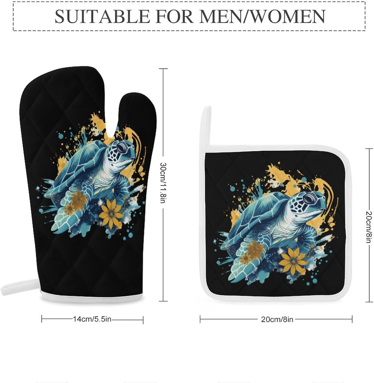 Sea Turtle 4 Pcs Oven Mitts and Pot Holders Set High Heat Resistant Long Kitchen Oven Glove Potholders