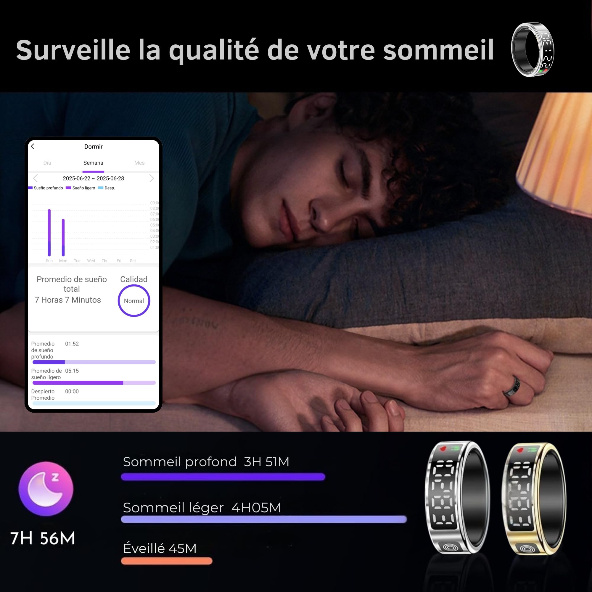 smartia – Bague Intelligente avec écran Tactile, modèle 2026 Application Incluse, Smart Ring Homme et Femme, Bague d’activité et de Suivi de la santé, Surveillance du Sommeil (Noir, 8)