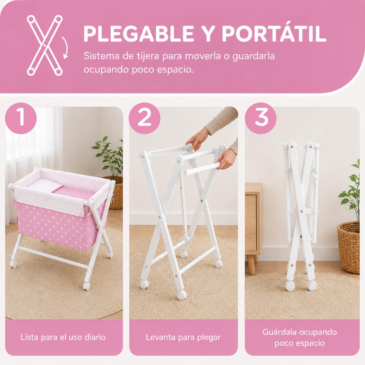 mibebestore Minicuna de Tijera Plegable de Madera con Ruedas y Frenos – Incluye Colchón, Colcha, Almohada y Textil 100% Algodón – hasta 9 Meses – Blanco/Rosa