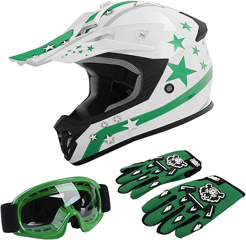 TCT-MOTORPARTS DOT - Cascos para cuatrimotos juveniles con gafas y guantes para motocross todoterreno casco de motocross guantes y gafas blancas con