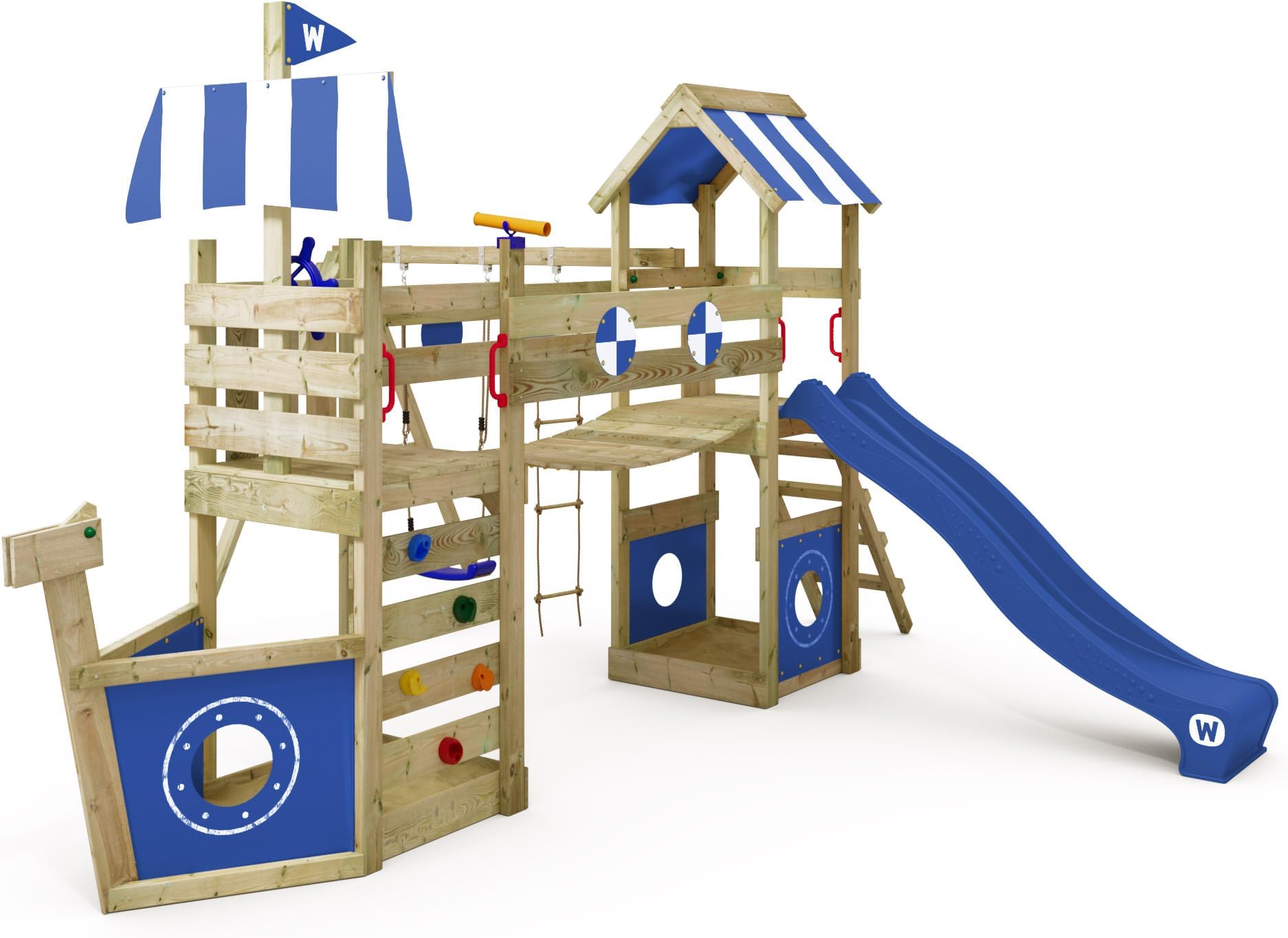 WICKEY Wooden climbing frame StormFlyer with swing set & blue slide, Outdoor kids playhouse with sandpit, climbing ladder & play-accessories for the garden