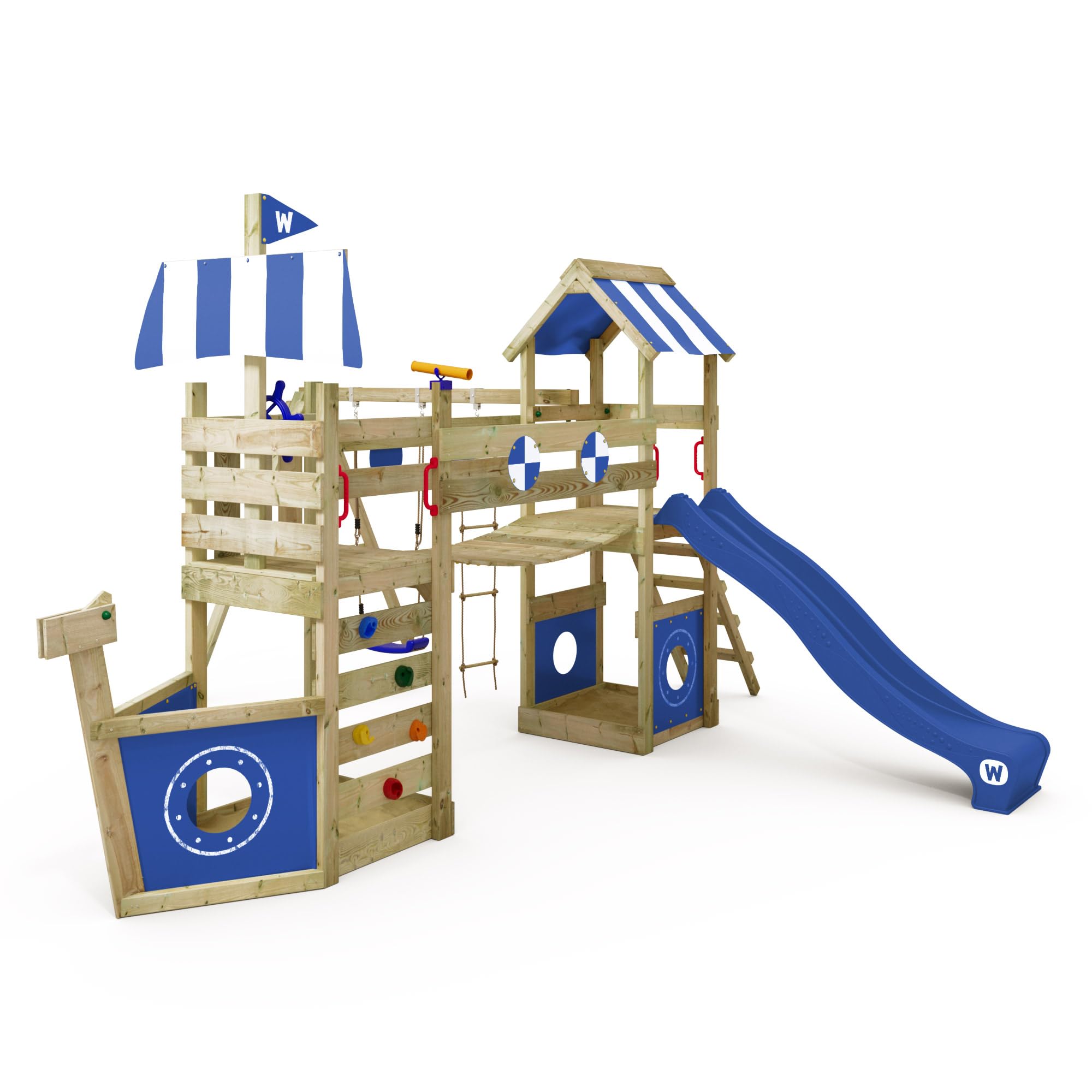 WICKEY Wooden climbing frame StormFlyer with swing set & blue slide, Outdoor kids playhouse with sandpit, climbing ladder & play-accessories for the garden
