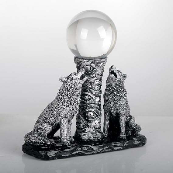 Two Silver Wolves Figurine Howling Wolf Statue Display Ball Stand Sphere Base Holder for Crystal Ball Glass Ball Pedestal Crystal Sphere Holder