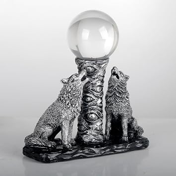 Two Silver Wolves Figurine Howling Wolf Statue Display Ball Stand Sphere Base Holder for Crystal Ball Glass Ball Pedestal Crystal Sphere Holder