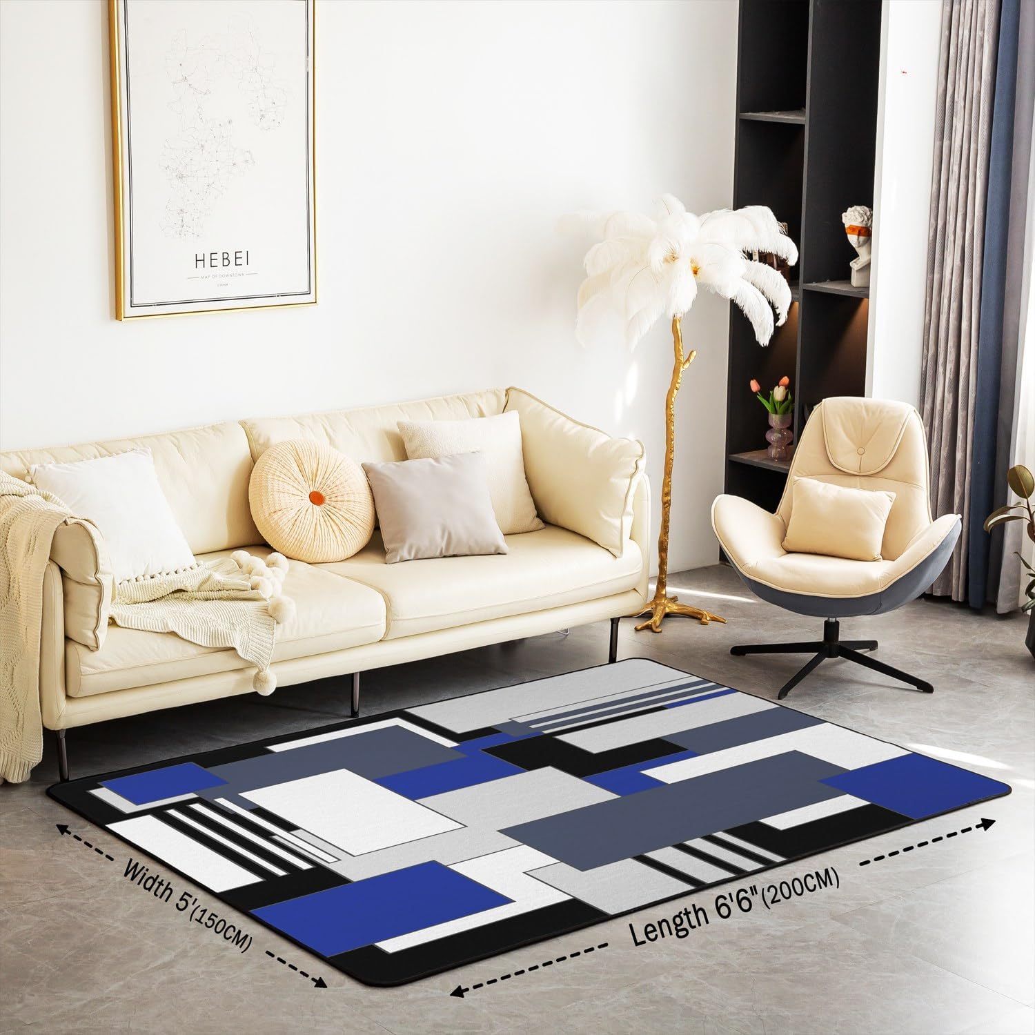 Blue Grey Black Geometric Area Rug 3x5 Kids Decorative Carpet for Boys Girls Modern Abstract Rugs for Living Room Bedroom Non-Slip Square Rectangle Indoor Floor Mat Room Decor Accent Rug