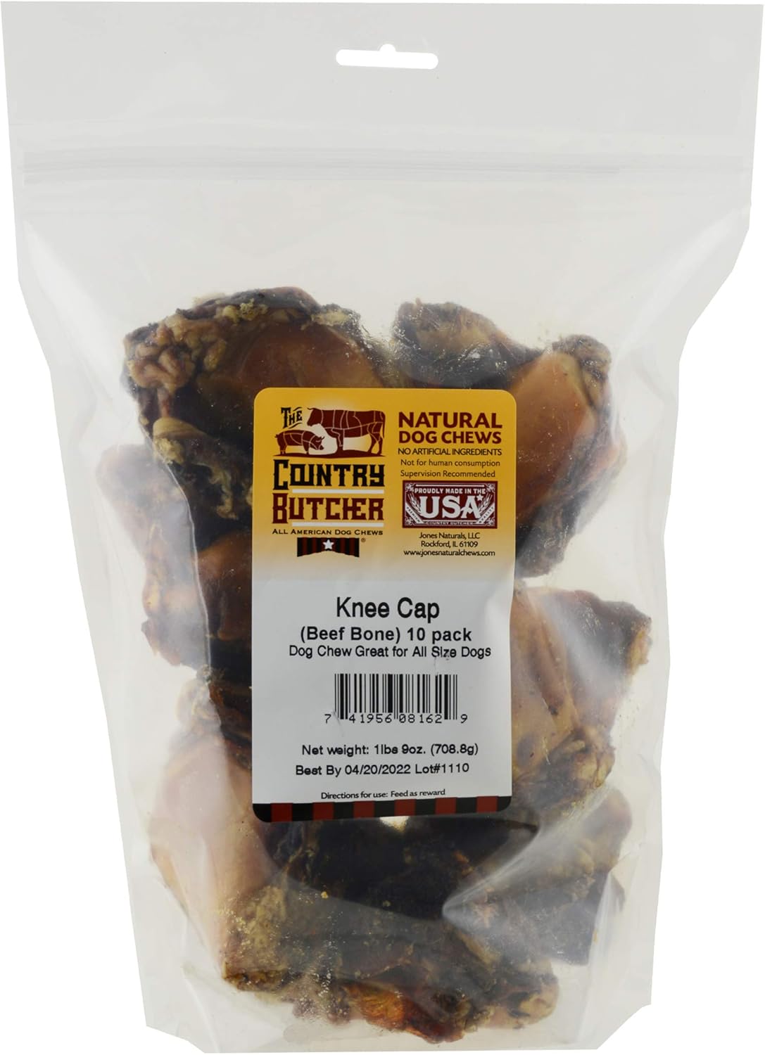 THE COUNTRY BUTCHER Beef Knee Caps - Long Lasting Chew Bones for Dogs, Aggressive Chewers, All Breed Sizes, Natural Beef Knee Bones, Healthy Dog Chews, Tough and Durable, Made in the USA - 10 Count