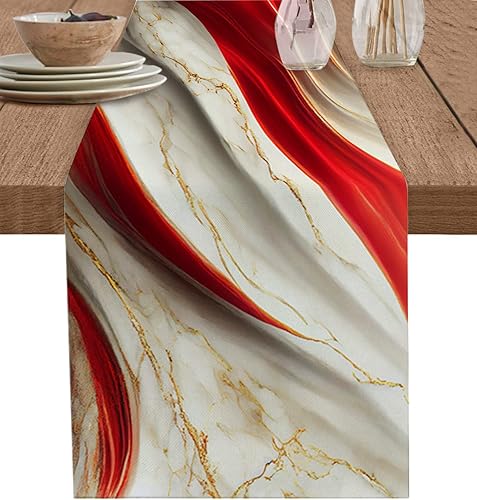 Falaniique Camino de mesa rojo mármol de 90 pulgadas de largo de lino y algodón, camino de mesa de cocina, mesa de comedor, mesa de arpillera de