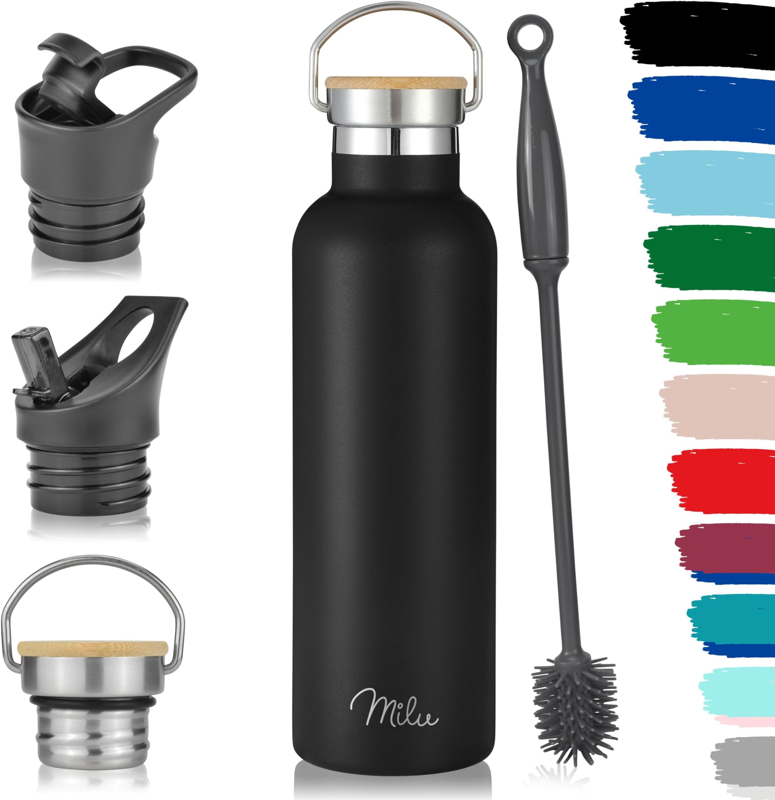 Milu Stainless Steel Drinking Bottle 350ml, 500ml, 750ml, 1l (+3 Lids) - Thermo Bottle with Straw, Water Bottle, for Hot, Cold & Carbonated Drinks (Black, 750ml)