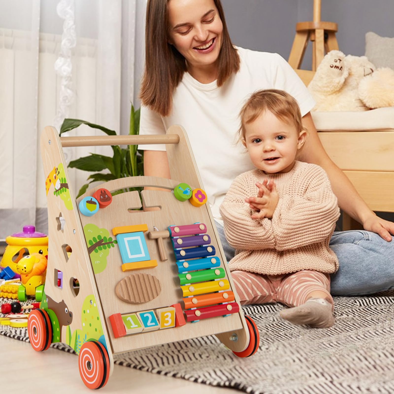 COSTWAY Wózek do nauki chodzenia dla niemowląt z uchwytem, schowkiem i kółkami do pchania i ciągnięcia, zabawka edukacyjna Montessori