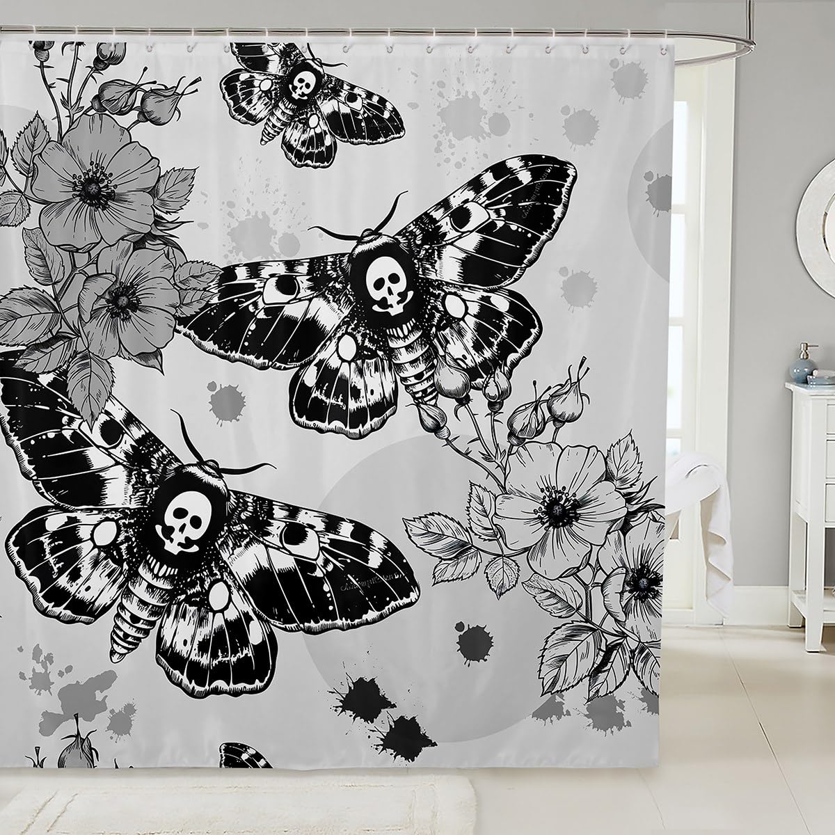 Death Moth Bath Curtain Floral Print Shower Curtain For Kids Children Teens Gothic Skull Cloth Fabric Bathroom Decor Skeleton Bones Shower Curtain with Hooks Retro Vintage Bedroom Decor 72x84 Inch