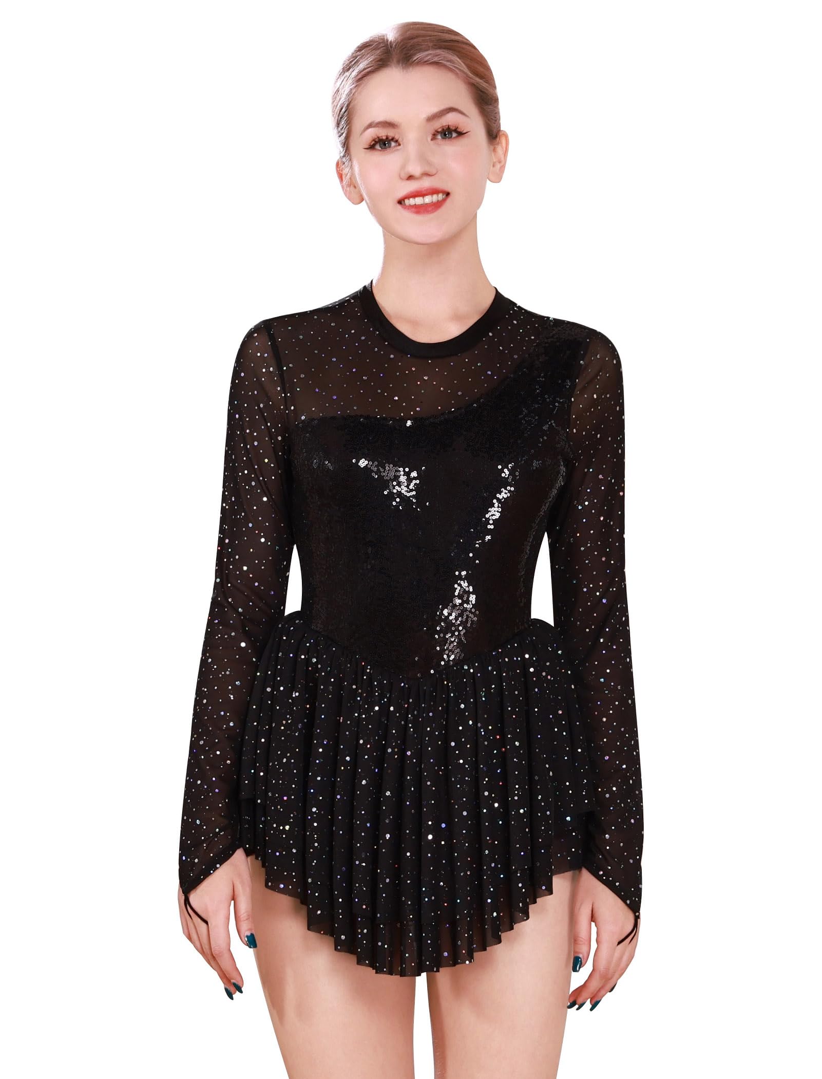 FYMNSI Vestido de patinaje artístico para mujer, lentejuelas, manga larga, ballet, gimnasia, leotardo, danza, tallas XS-XL