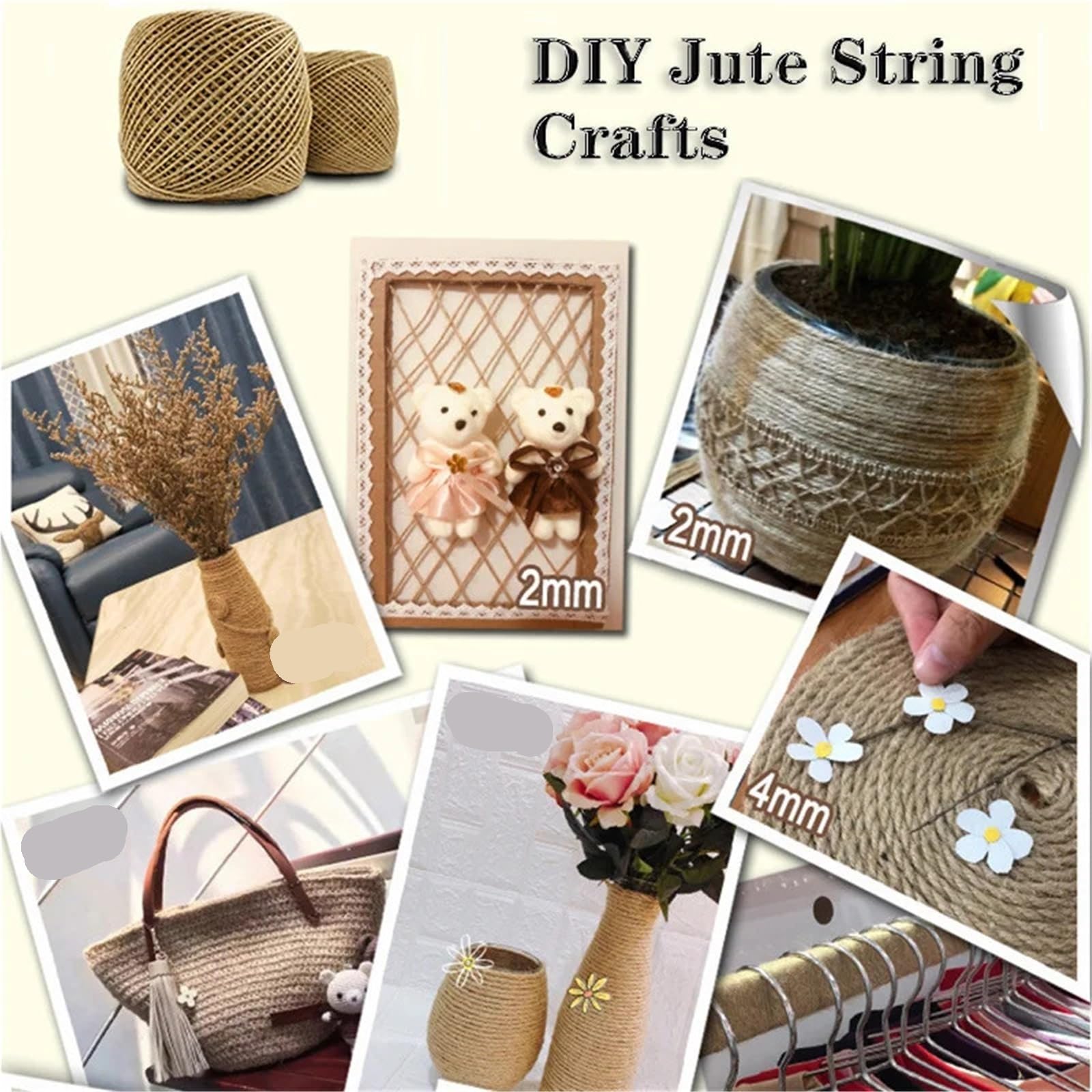 Fil de Corde Jute 100m, Ficelle Faite à la Main for Bricolage vêtements Couture, Ruban Cordon, Artisanat noël, décoration fête Mariage pour Jardin