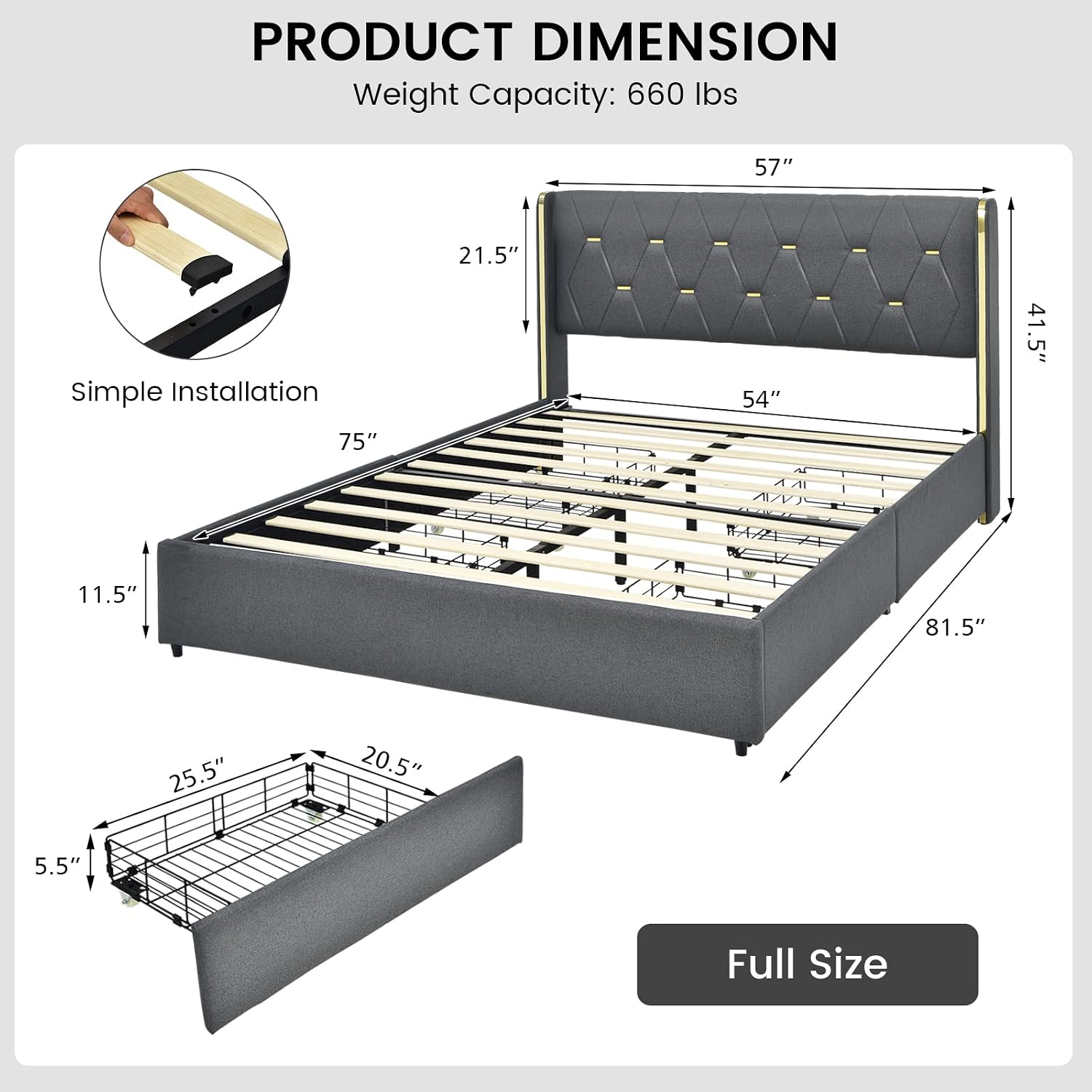 Upholstered Full Bed Frame with 4 Storage Drawers, Tufted PU Mattress Foundation w/Wood Slats & Headboard, Noise-Free, Cross Channel & Gold Metal Trim, Double Platform Bed Full Size