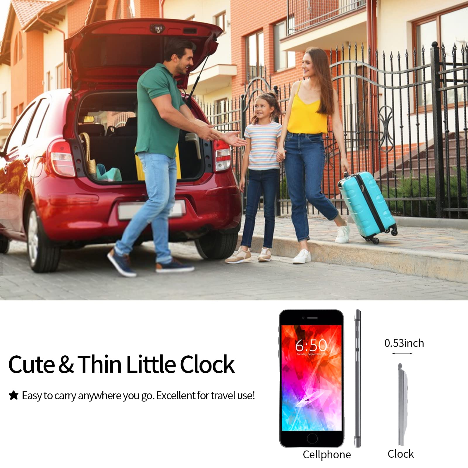 KANBIT Reloj despertador de viaje digital pequeño, funciona con pilas, reloj despertador portátil con pantalla de números grandes con temperatura, luz de fondo nocturna, reloj de escritorio de 1224