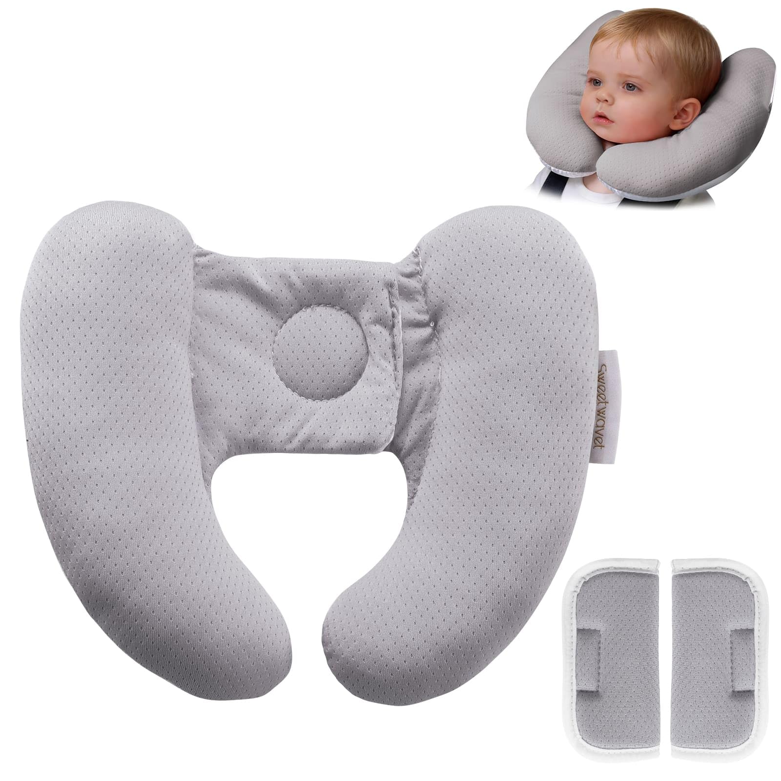 Baby Neck Pillow for Car Seat and Stroller, Adjustable Baby Head Support Pillow for Travel, Soft and Cushiony Torticollis Pillows for Infant and Newborn (Gray)