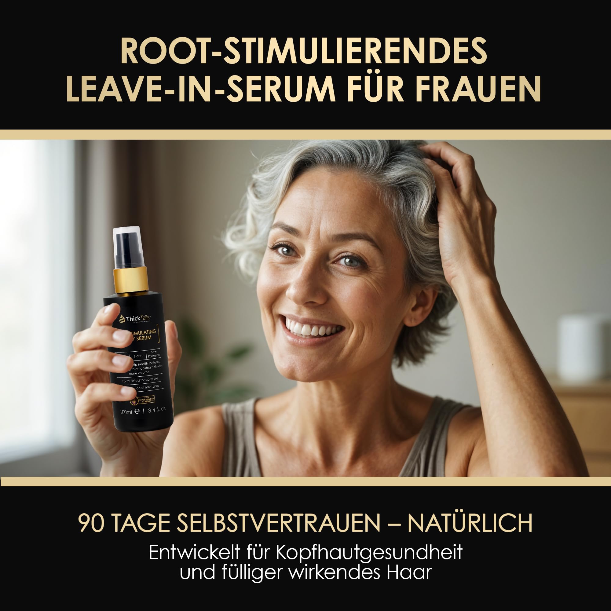 ThickTails Haarwachstums-Serum für Frauen – Leave-In Serum mit Koffein, Biotin & Peptiden – Unterstützt volleres, kräftiger aussehendes Haar & gepflegte Kopfhaut – Leicht, nicht fettend, sulfatfrei