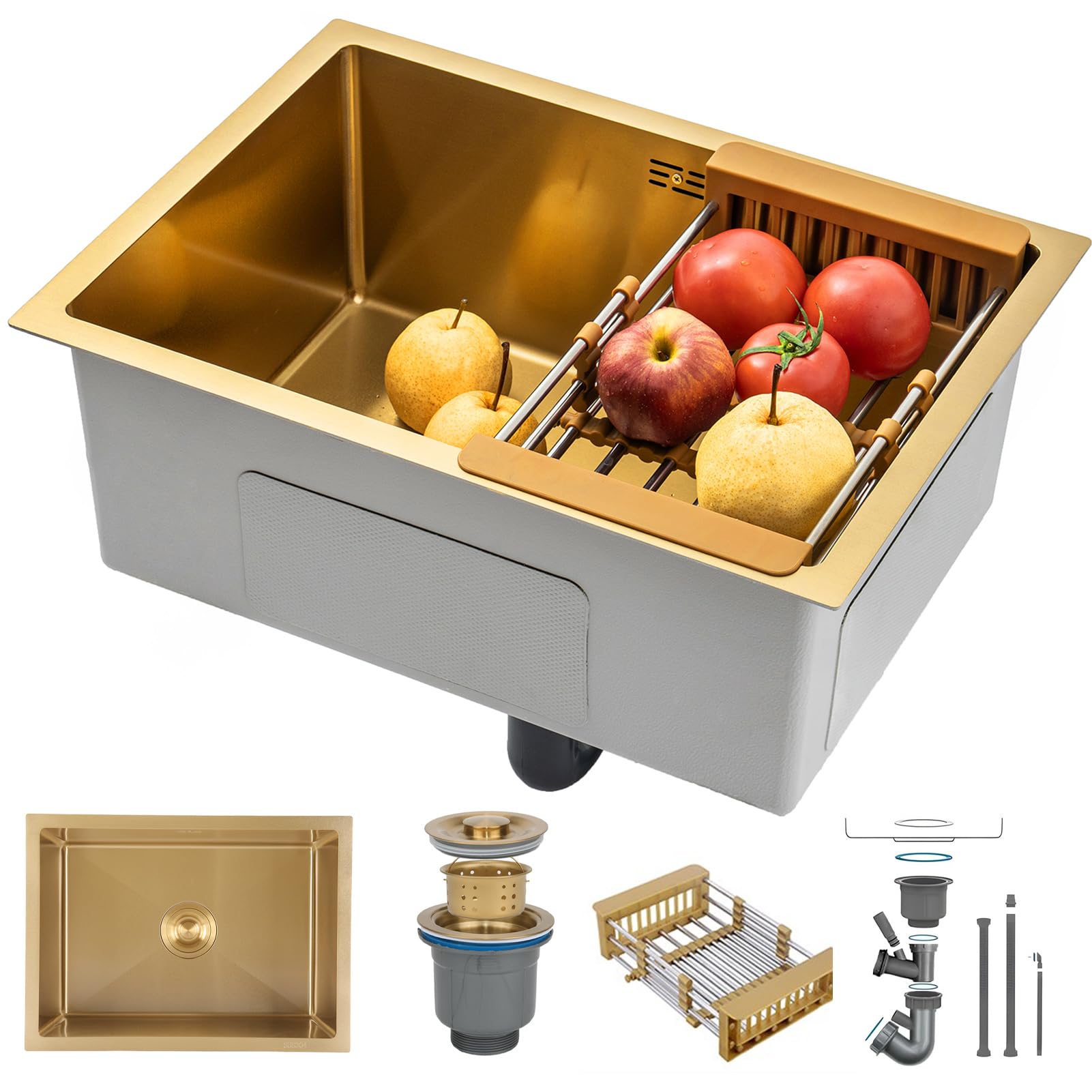 KOOGIMDDR 60 x 40 cm Gold Prep Sink Mini Trumpet Stainless Steel Multifunctional Kitchen Essential Single Bowl Sink with Gold Drainer and Mounting Components, with Drain Basket Undermount or Drop-In