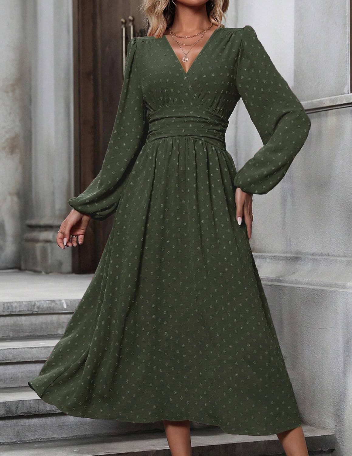 Damen Elegant Kleid Langarm V-Ausschnitt Freizeitkleider A-Linie Blumenmuster Wickelkleid Herbst Winter Laternenärmeln Kleid Partykleid Abendkleider