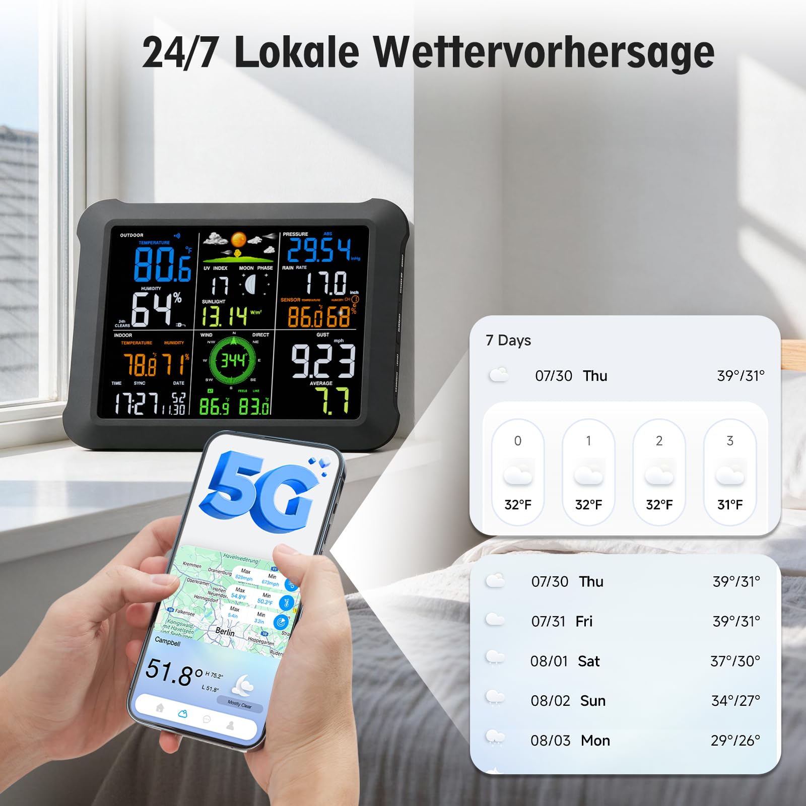 5G/2.4G Dual Band WLAN Wetterstation mit 24/7 AI-Wettervorhersage