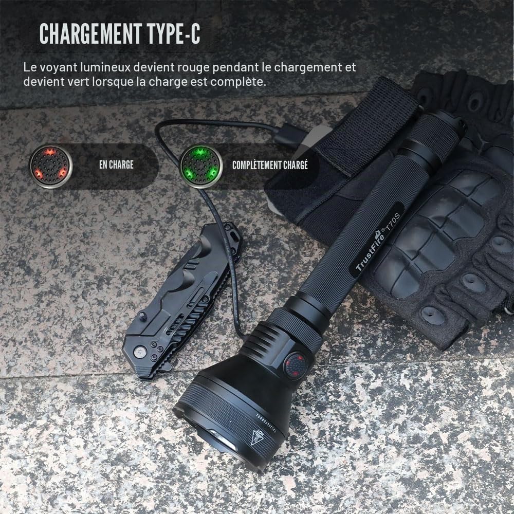 TrustFire T70S Kit Lampe Tactique, Lampe de Poche LED, 2350 Lumens Haute Puissance, Rechargeable, Longue Portée 1050m, IPX8, Idéale pour la Chasse, la Recherche et le Secours, le Camping, Randonnée