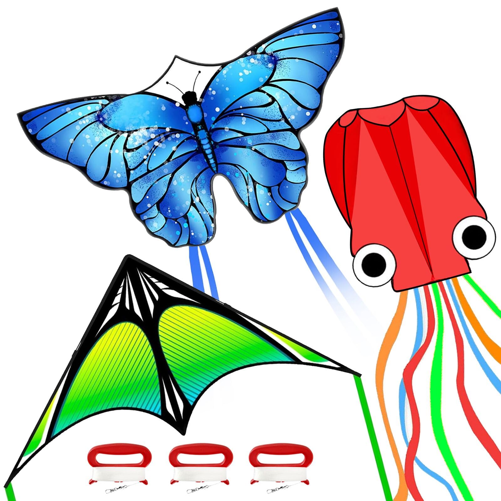 3 Pack Kite Set for Kids & Adults, Easy to Fly Kites for Beginners, Large Butterfly Delta Octopus Kite for Beach&Park&Outdoor Activities, Perfect for