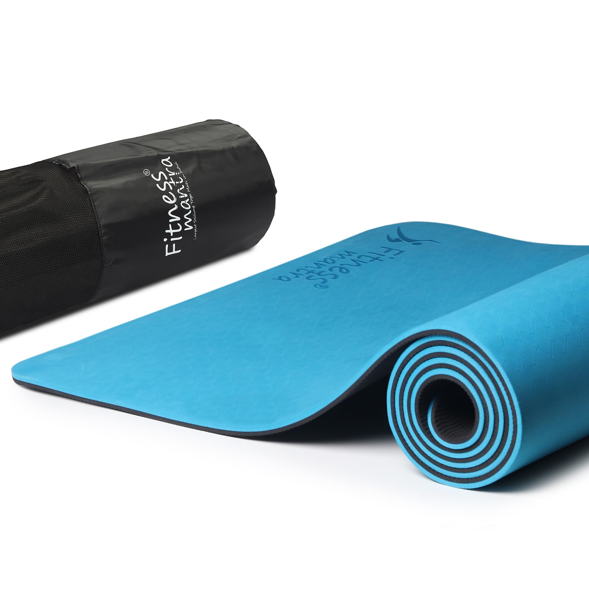 Fitness Mantra® TPE Dual Color Anti-Slip Yoga Mat with Cover Bag for Gym Workout and Yoga Exercise for Men & Women Fitness| 1 Piece| 6mm| 24"x72"| Dual Color| Premium| Teal + Black|