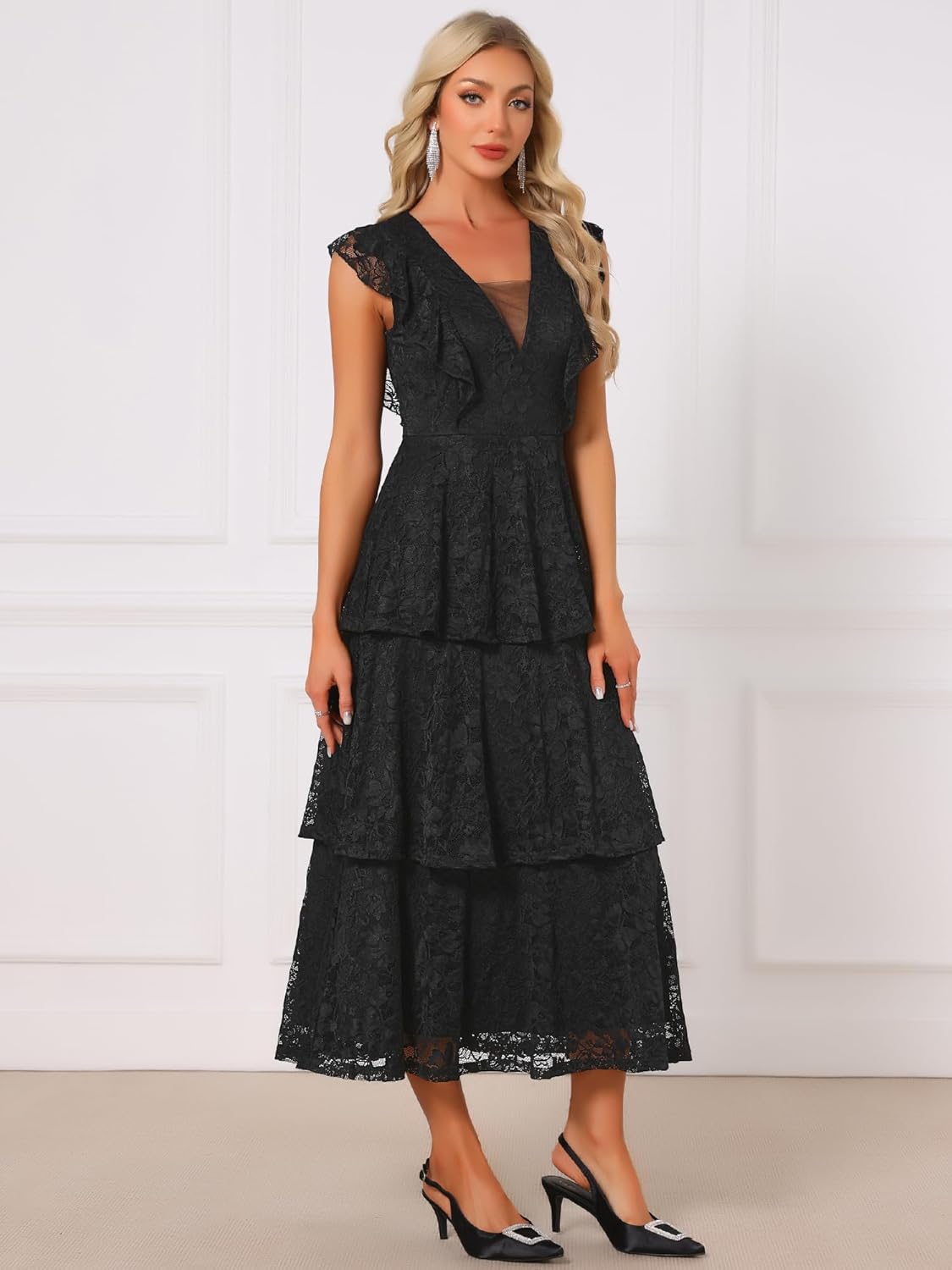 Women's Lace Dress for Wedding Guest Cocktail Evening Ruffle Cap Sleeves Tiered A-Line Maxi Dresses - Image 2