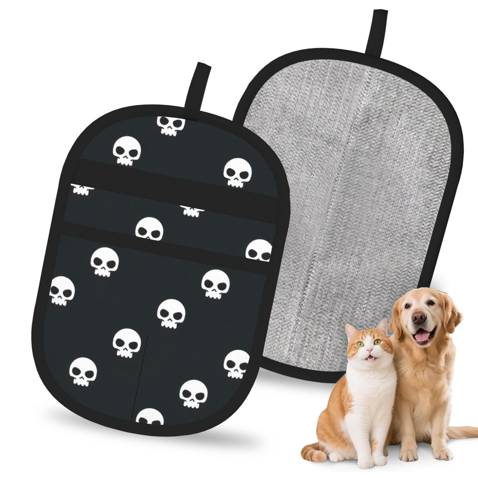 Skull Print Pet Hair Remover Gloves Grooming Cleaning Accessory Reusable Deshedding Tool