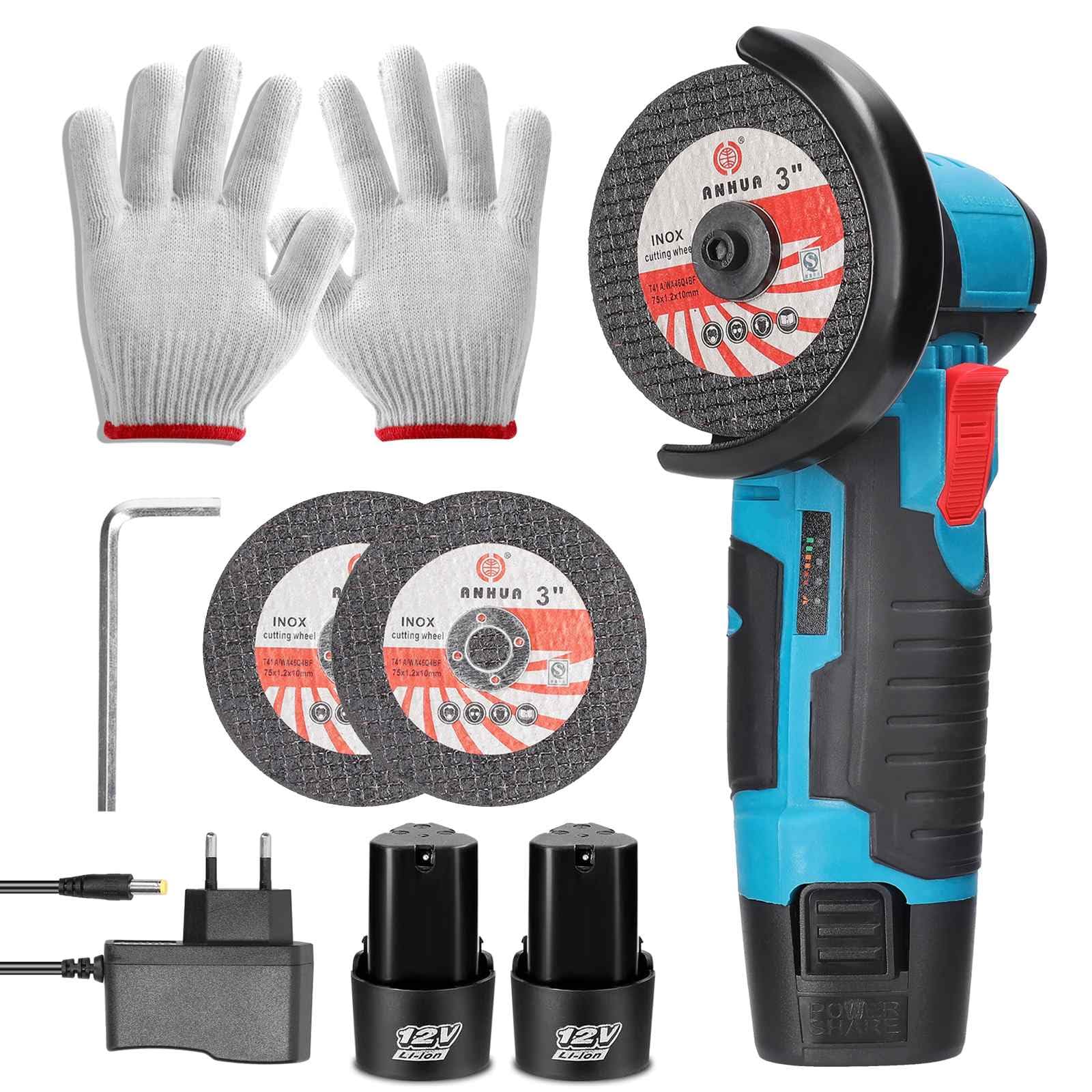 Mini Meuleuse Sans Fil 19500RPM 12V Professional Disqueuse, Batterie 2.0Ah, Disques à Tronçonner 76mm, Meuleuse Angulaire pour Meulage et Coupe (2 Batteries)