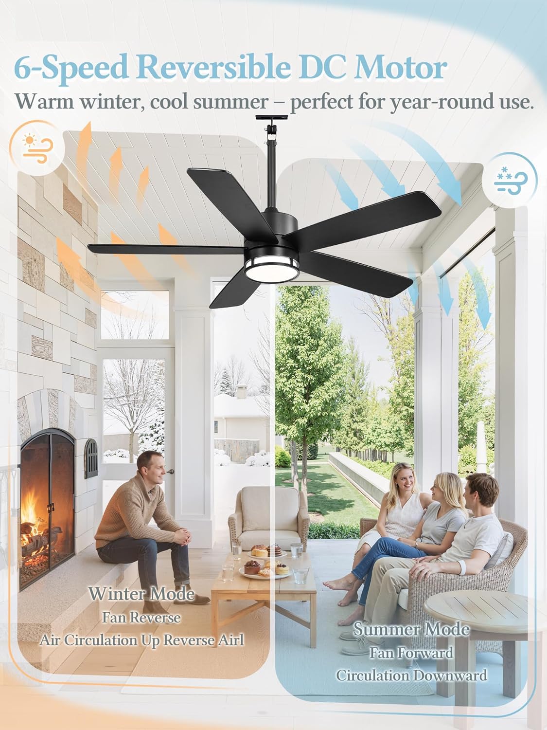 116cm Outdoor Deckenventilator mit Beleuchtung für Draußen LED Ventilator Deckenleuchte Leiser DC-Motor mit Fernbedienung 6 Geschwindigkeiten Sommer-Winterbetrieb für Wohnzimmer Schlafzimmer