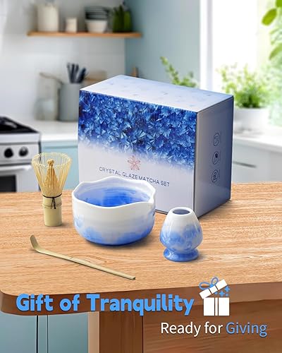 Miniatura 6 de Juego de matcha de flores de cristal natural, 4 piezas de grado alimenticio con cuenco con boquilla, batidor de matcha, cuchara y soporte de